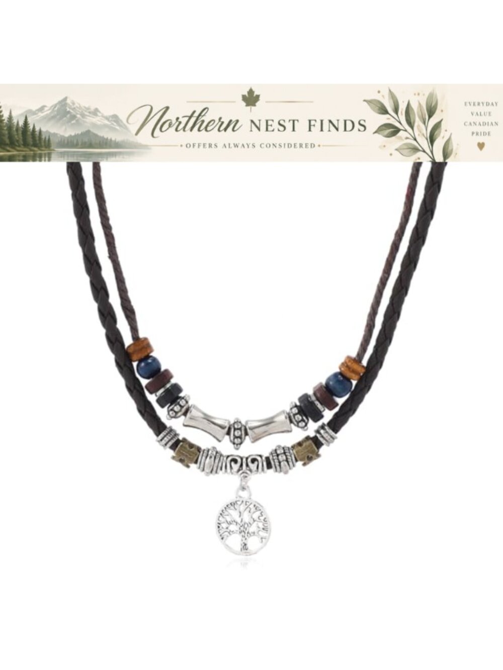 Bohemian Layered Leather Necklace Butterfly Tree of Life Pendant Boho Wooden